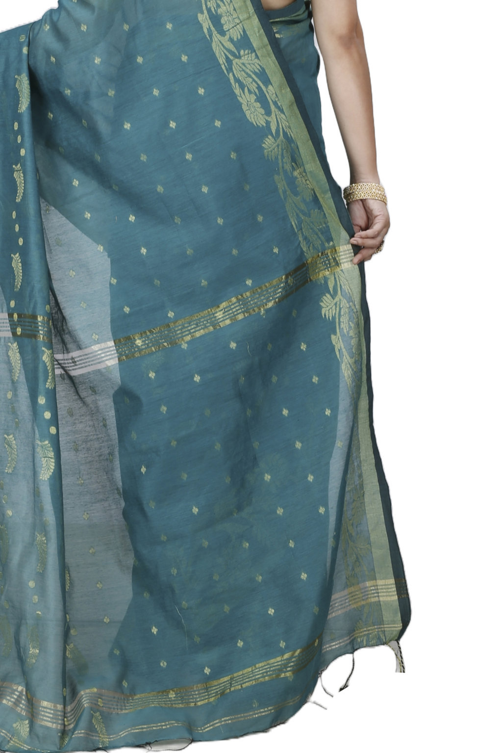 See Green Blended Cotton Turik Hand Loom Saree (1251)